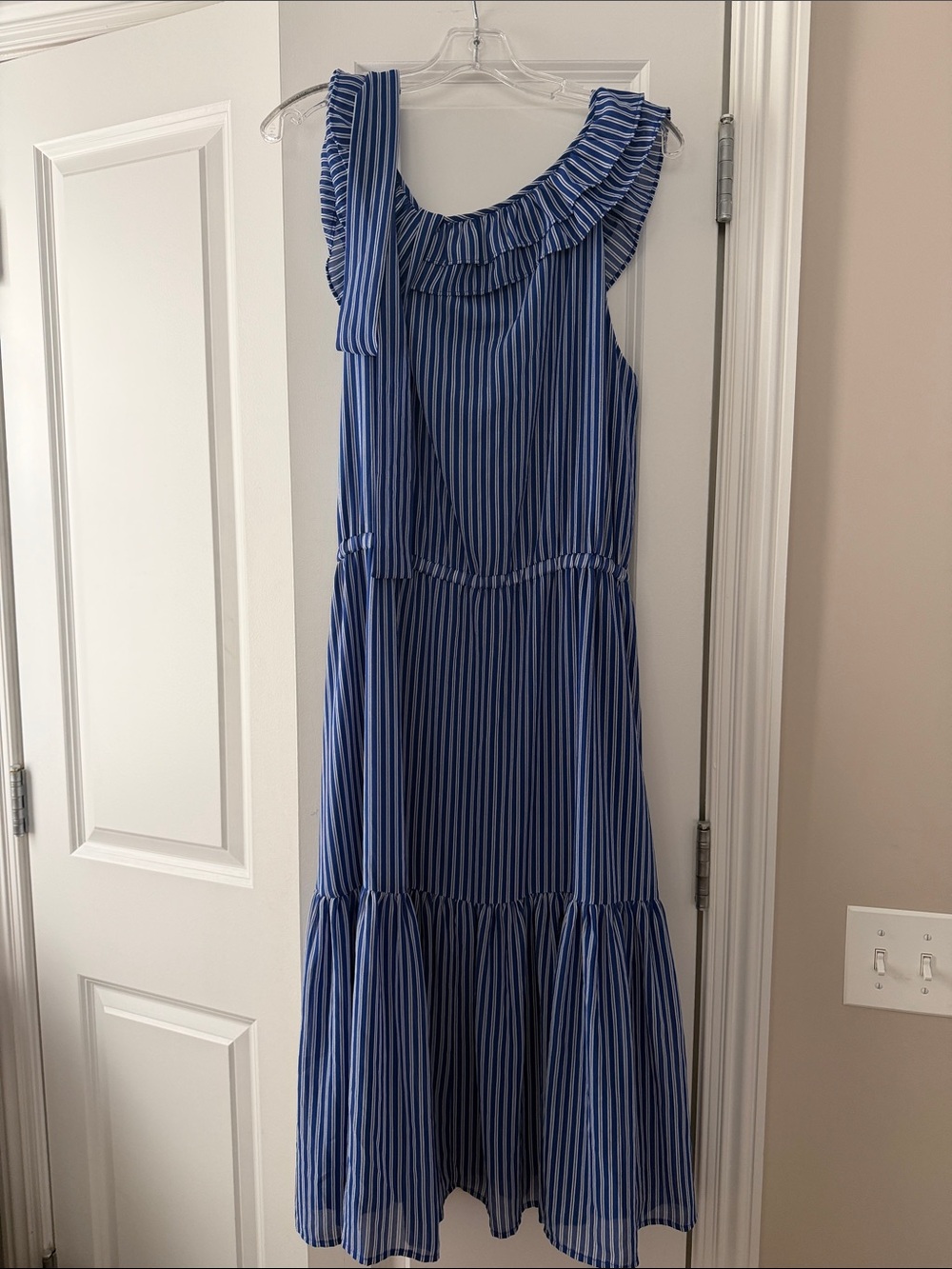 Michael Kors Blue Striped Ruffle-Trim Midi Dress - Picture 3 of 4